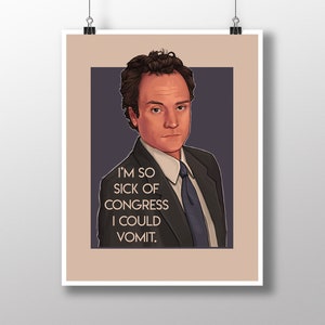 Può includere: Un'illustrazione digitale di un uomo con i capelli castani e un'espressione seria. Indossa un abito scuro e una cravatta. Il testo "I'M SO SICK OF CONGRESS I COULD VOMIT." è sotto l'immagine.