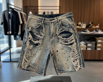 Custom Mona Lisa Denim Shorts, Distressed Streetwear, Rhinestone Embellished Wearable Art