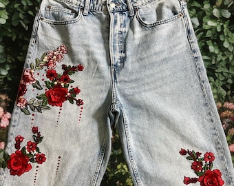 Hand-Embroidered Beaded Rose Denim Shorts, Festival Wear, One of a Kind Art