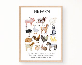 Boerderijdierenposter, thuisonderwijsposters, posters in de klas, posters in de speelkamer, montessoriposters, posters voor de kinderkamer, posters voor dieren