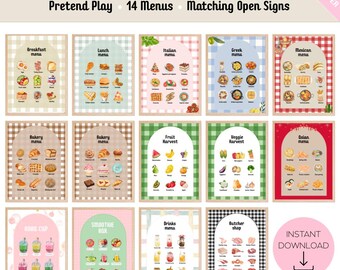 Könnte beinhalten: Eine Sammlung von 14 illustrierten Kindermenüs, darunter Frühstück, Mittagessen, italienische, griechische, mexikanische, Bäckerei-, Obst-, Gemüse-, asiatische, Boba-, Smoothie-, Getränke- und Metzger-Menüs. Jedes Menü zeigt verschiedene Speisen.
