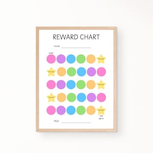 May include: A printable reward chart with a colourful design. The chart has a space for a name, a start section, and a prize section. There are 25 circles in a grid pattern, with a star in the corner of each row. The text "Reward" is written on each star. The text "You Did It!" is written on the last star.