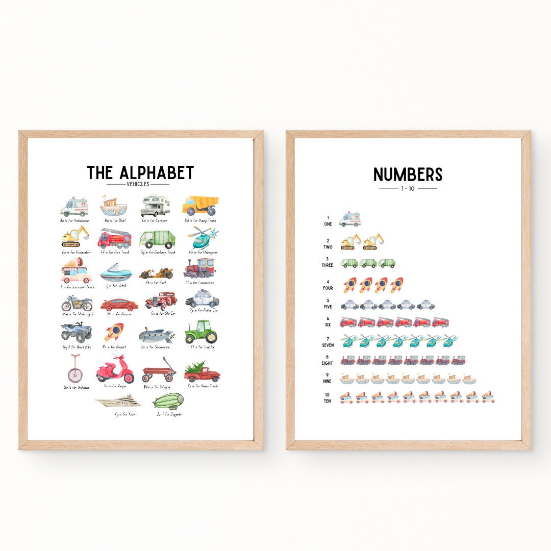 Vehicles With Numbers Vehicle Alphabet & Numbers Count 1 10 Educational Print, Nursery Prints ...