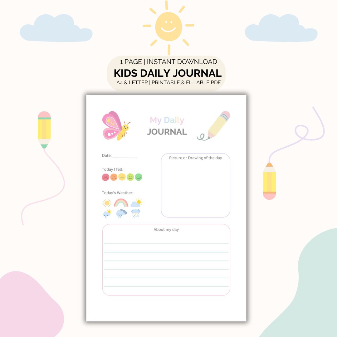 Kids Daily Journal Printable PDF Butterfly Instant Download A4 &amp; Letter ...