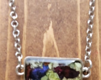 Dried Flower Flowers Keepsake Memorial Resin Rectangle Silver Pendant Necklace Jewelry Ornaments Wedding Funeral Baby Memory Piece