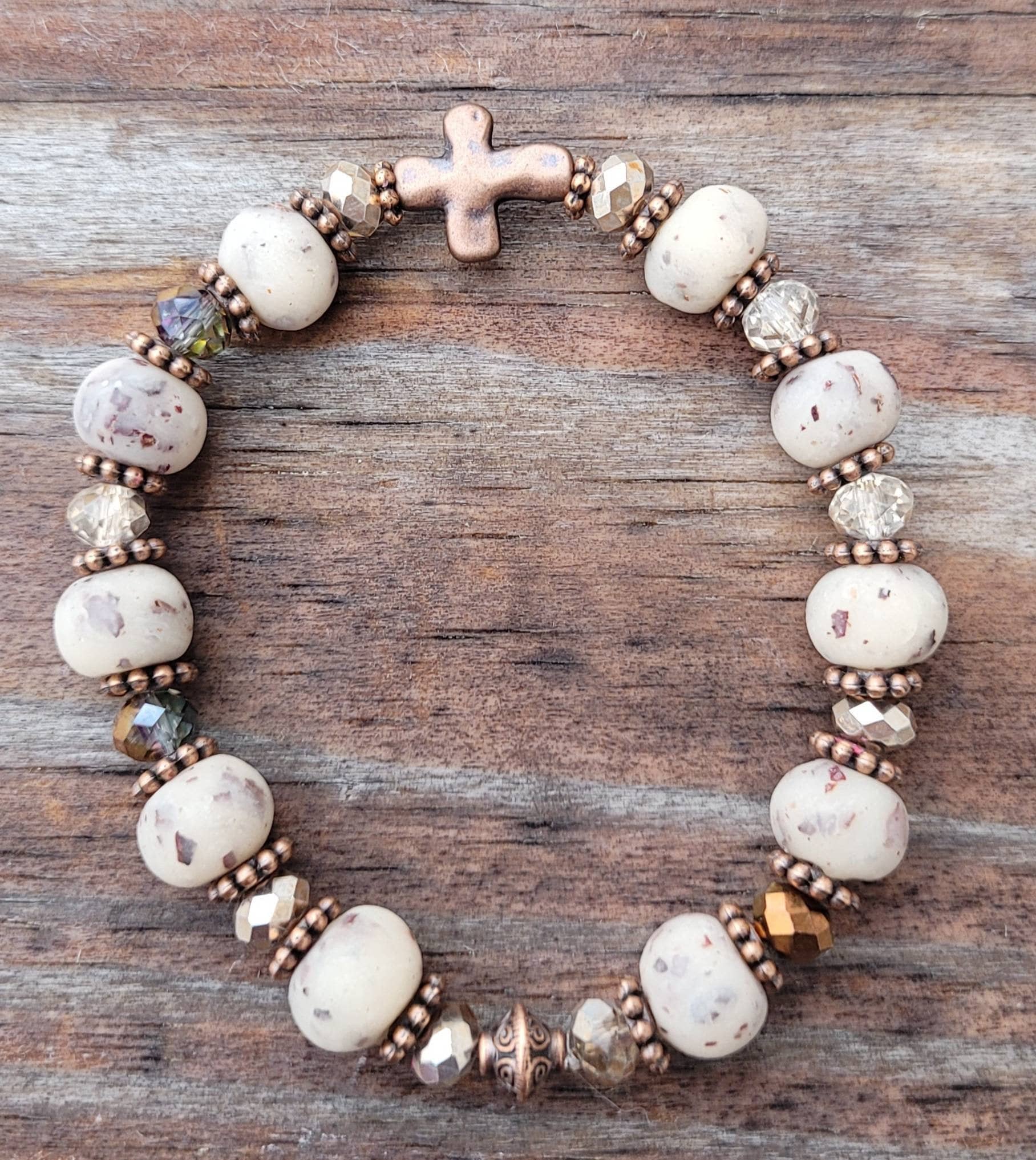 Dried Flower Beaded STRETCH Memory Bracelet Jewelry with Cross Wedding Bridal Anniversary Vacation Pageant Funeral Flowers Sentimental Gift
