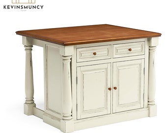 Monarch Kitchen Island Set in Off-White with Two Stools