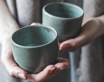 SET OF TWO handmade wheelthrown pottery cups for tea or coffee in minimal design, blue-green glaze with satin matte finish