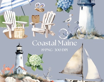 Watercolor Coastal Maine Clipart - Seashells - Lobster - Adirondack Chair - Lighthouse - Sailboat - Anchor - Hydrangea - Oysters - Crab