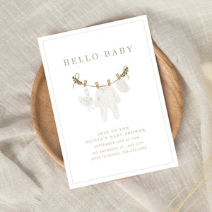 ベビーシャワー招待状、性別を問わないベビーシャワー招待状、Hello Baby招待状、ミニマリストベビーシャワー、編集可能なベビーシャワーテンプレート