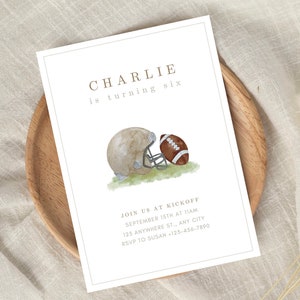 Invitation d'anniversaire de football, fête de sport, inviter tout âge numérique modifiable imprimable inviter soi-même modifier fête à thème football pour enfants minimale