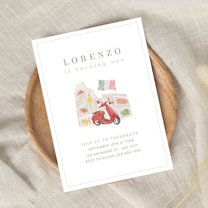 Italian Themed Birthday Party Invitation Uno Birthday Italy Theme Invitation Vespa Italian Food Pizza Editable Digital Invitation Template