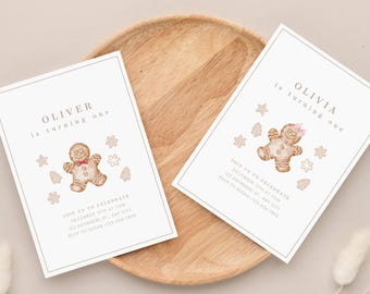 May include: Two gingerbread man birthday invitations. One invitation is for Oliver and features a gingerbread man with a red bow tie. The other invitation is for Olivia and features a gingerbread man with a pink bow. Both invitations have a white background with brown text.