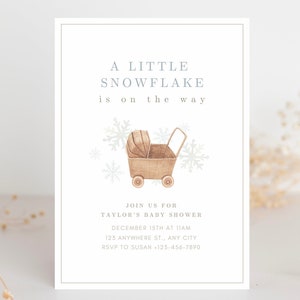 Plantilla de invitación para baby shower de invierno, invitación con copos de nieve, invitación con copos de nieve en camino, género neutro, digital instantánea, editable