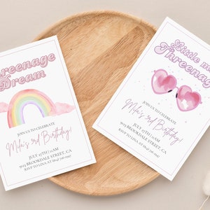 Threenage Dream - Invito di compleanno - Festa Arcobaleno - Invito modificabile per il terzo compleanno - Rosa e viola - Invito digitale - Canva