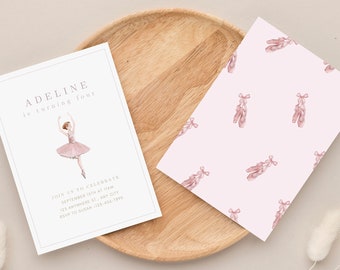 May include: A pink and white invitation card with a ballerina illustration and the text "ADELINE is turning four". The invitation includes details for a birthday party, including the date, time, location, and RSVP information.