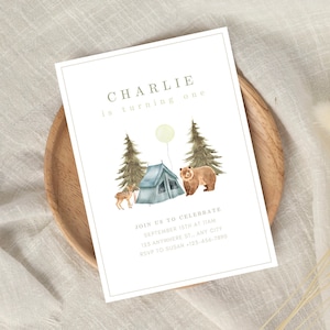Un joyeux campeur, modèle d'invitation modifiable pour le premier anniversaire, invitation d'anniversaire de camping, invitation neutre bohème, téléchargement immédiat, toile