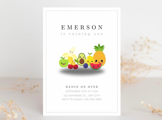 Hey Bear Sensory Invitation, Dancing Fruit Birthday Invitation, Hey Bear Invite, Editable Canva Template