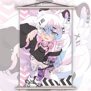 May include: A tapestry featuring a cartoon character with white and blue hair, wearing a black and pink outfit with chains and a heart-shaped necklace. The character has blue eyes and a pink blush. The tapestry has a pink and white chevron pattern on the background.