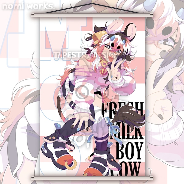 MOO! Cute Cowboy Wall Scroll, Anime Wall Scroll, Kemonomimi Wall Scroll