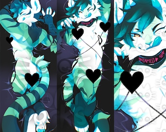 May include: Three body pillows featuring a blue and green striped furry creature with black hearts and chains. The creature has a white collar with the text "Untamed" in pink.