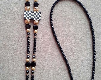Handmade Black and White Check Checkered Beaded  Eyeglass Chain NASCAR LOVER