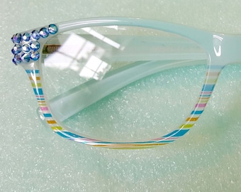 Aqua Readers made with Fine Eropean Crystals Reading Glasses Spring Hinge FREE SHIPPING in US