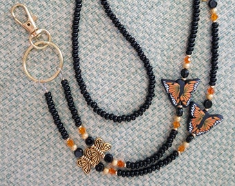 Handmade MONARCH BUTTERFLY Black  Beaded Id badge Holder Lanyard Crystal accents free shipping