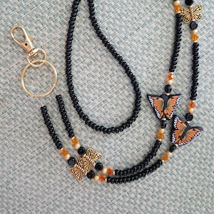Handmade MONARCH BUTTERFLY Black  Beaded Id badge Holder Lanyard Crystal accents free shipping