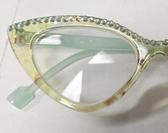 Pastel Green Crystal Cats Eye Reading Glasses  Readers Spring Hinges Free shipping