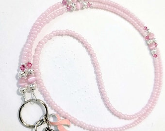 BREAST CANCER Beaded Id Badge Holder Lanyard
