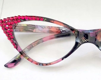 Red Crystal Cats Eye Reading Glasses Readers Spring Hinge