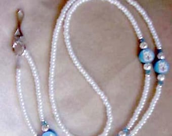 Samoyed Lover Id Badge Blue and White Holder Beaded Handmade Lanyard