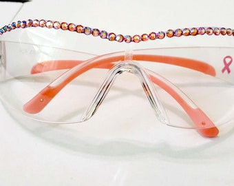 SALE Pink Crystal Safety Glasses Clear Anti fog made with Crystals crystals all the way across top