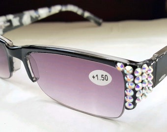 Black and White Mother of Pearl  made with Fine European CLEAR AB Crystals Sun Reading Glasses Spring Hinge