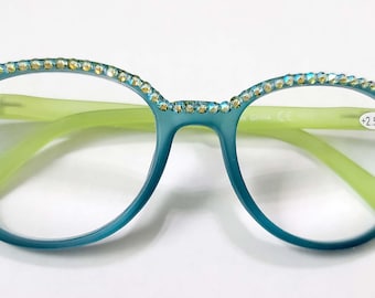 Lime and Teal Crystal Reading Glasses with Spring Hinges