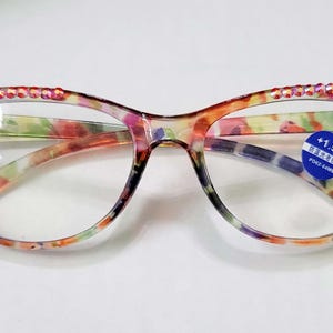 Floral Crystal Cats Eye Reading Glasses Spring Hinge Reader Rainbow Blue Block