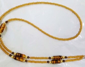 Topaz and Toroise Shell Glass Tube Beads  with Fine European Crystals Eyeglass Chain  Holder  FREE SHIPPING in US