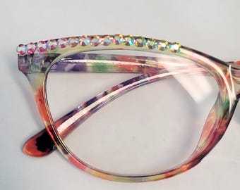 Cats eye Rainbow Swirls made with Fine European Crystals Reading Glasses Free shipping in US