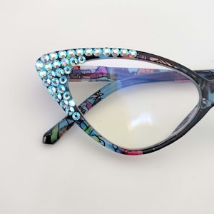 Aqua AB Crystal Cats Eye Reading Glasses Spring Hinge Reader Rainbow