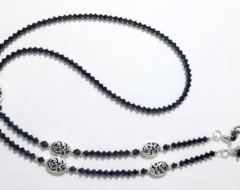 Black Crystal and Silver Filigree Beaded Eyeglass Chain