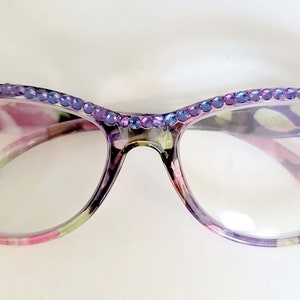 Purple Crystal Cats Eye Reading Glasses  Reader Flowers Blue Light Block