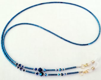 Shimmering Ultra Blue Hematite Eyeglass Chain with Jet AB Crystals So Sparkly