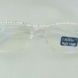 New Style Blue Block Reading Glasses Readers handmade with Fine European Clear Crystals with Spring Hinges FREE SHIPPING in US