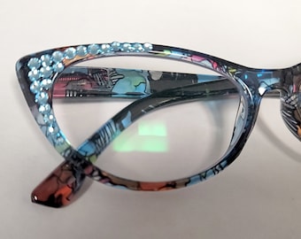 Aqua Crystal Cats Eye Reading Glasses Spring Hinge Reader Rainbow FREE SHIPPING