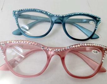 Frosted Cats Eye Crystal Reading Glasses Readers  all strengths Pink  free shipping