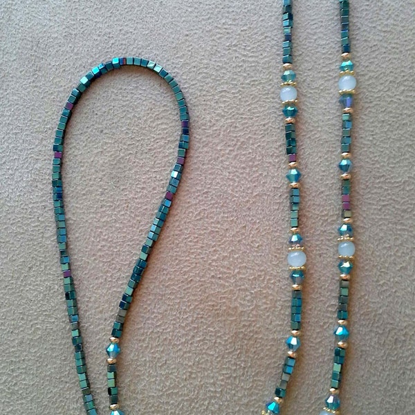 Green Iris Hematite Handmade with Fine European Crystals Eyeglass Chain