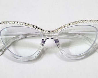Clear Crystal Cats Eye Reading Glasses Readers Blu Block ( no yellow tint in glass) Free shipping