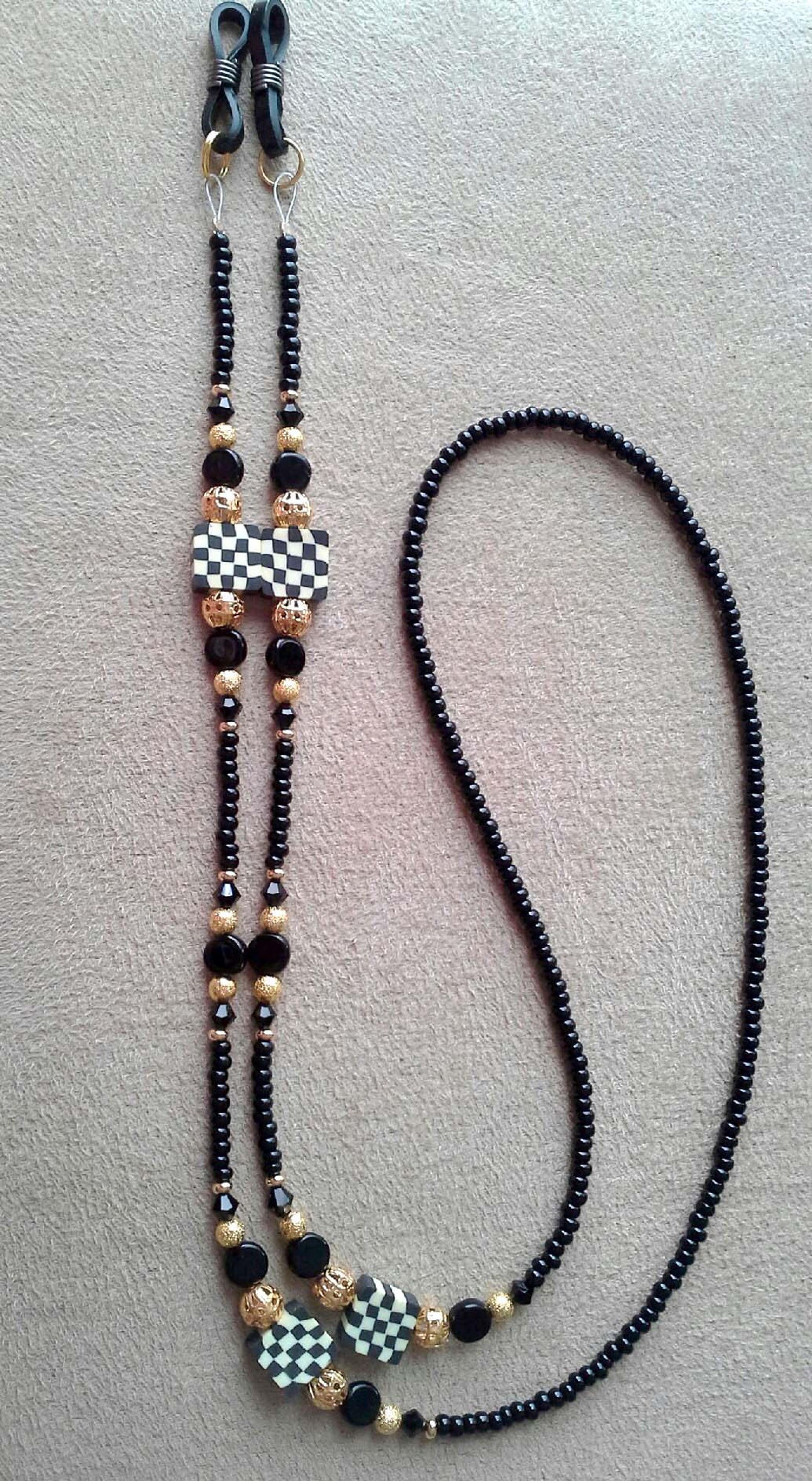 Handmade Black and White Check Checkered Beaded Eyeglass Chain Free ...