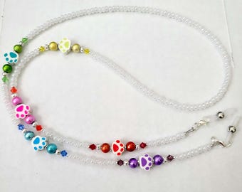 Paws, Paws and Rainbow Paws Dog or Cat Lover Eyeglass chain with Fine European Crystals !!